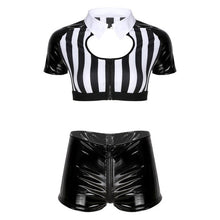 Load image into Gallery viewer, Women Black White Stripe Referee Cosplay Costume Crop Top with Leather Shorts Adult Halloween Carnival Role Play Clothing Outfit
