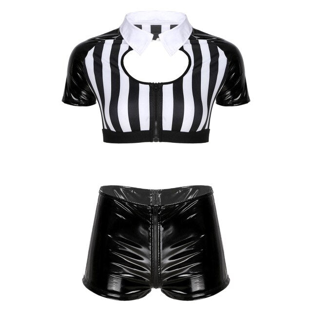 Women Black White Stripe Referee Cosplay Costume Crop Top with Leather Shorts Adult Halloween Carnival Role Play Clothing Outfit