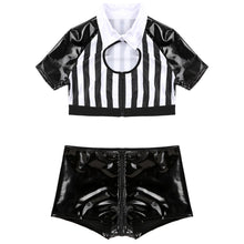 Load image into Gallery viewer, Women Black White Stripe Referee Cosplay Costume Crop Top with Leather Shorts Adult Halloween Carnival Role Play Clothing Outfit