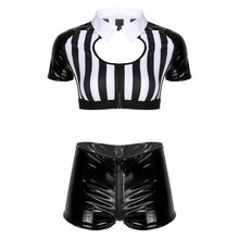 Load image into Gallery viewer, Women Black White Stripe Referee Cosplay Costume Crop Top with Leather Shorts Adult Halloween Carnival Role Play Clothing Outfit