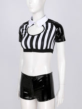 Load image into Gallery viewer, Women Black White Stripe Referee Cosplay Costume Crop Top with Leather Shorts Adult Halloween Carnival Role Play Clothing Outfit
