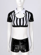 Load image into Gallery viewer, Women Black White Stripe Referee Cosplay Costume Crop Top with Leather Shorts Adult Halloween Carnival Role Play Clothing Outfit