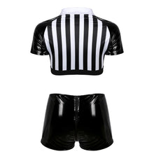 Load image into Gallery viewer, Women Black White Stripe Referee Cosplay Costume Crop Top with Leather Shorts Adult Halloween Carnival Role Play Clothing Outfit