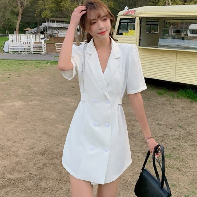 Women Blazer Dresses 2021 Korean Elegant Fashion Women Office OL Notched Collar Short Sleeve Casual Mini Dress Vestido Femme