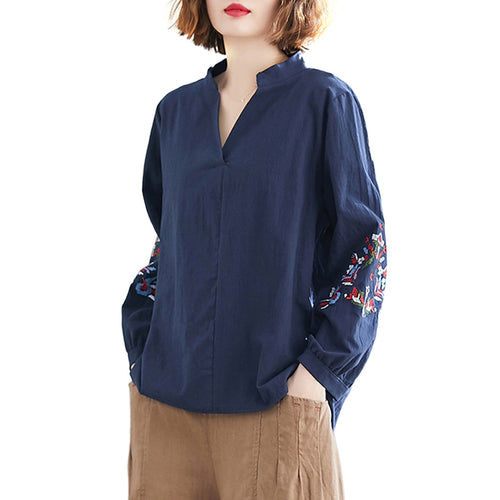 блузка женская Women Blouse Embroidered V-Neck Long Sleeve Vintage Loose Mujer Shirt Casual Tops Plus-size Women's Clothes