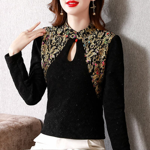 Women Blouse Shirt New 2021 Autumn Winter Long Sleeve Lace Tops Elegant Slim Embroidery Print Retro Shirt M-4XL Plus Size