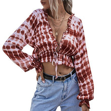 Load image into Gallery viewer, Women Blouse Tie Dye Sexy Deep V Neck Lantern Sleeve Tie Front Ruffle Hem Casual Loose Summer Cropped Shirts