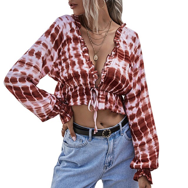 Women Blouse Tie Dye Sexy Deep V Neck Lantern Sleeve Tie Front Ruffle Hem Casual Loose Summer Cropped Shirts
