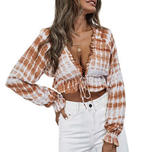 Load image into Gallery viewer, Women Blouse Tie Dye Sexy Deep V Neck Lantern Sleeve Tie Front Ruffle Hem Casual Loose Summer Cropped Shirts