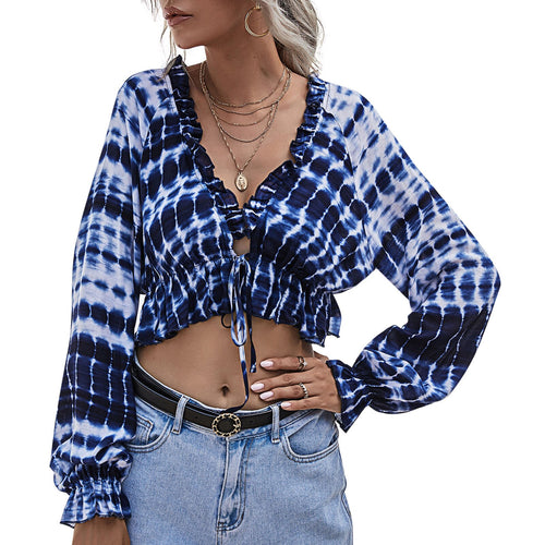 Women Blouse Tie Dye Sexy Deep V Neck Lantern Sleeve Tie Front Ruffle Hem Casual Loose Summer Cropped Shirts