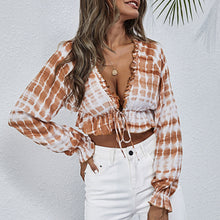 Load image into Gallery viewer, Women Blouse Tie Dye Sexy Deep V Neck Lantern Sleeve Tie Front Ruffle Hem Casual Loose Summer Cropped Shirts