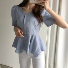 Load image into Gallery viewer, Women Blouses Office Lady Cotton Cotton And Linen Tops 2021 Summer Korean Fashion Slim V-neck Irregular Hem Shirts