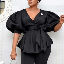Load image into Gallery viewer, Women Blouses V Neck Short Lantern Sleeve with Sashes Peplum Ruffles Plus Size XXL Elegant Office Lady Work Shirt Female Blusas