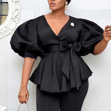 Load image into Gallery viewer, Women Blouses V Neck Short Lantern Sleeve with Sashes Peplum Ruffles Plus Size XXL Elegant Office Lady Work Shirt Female Blusas
