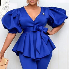 Load image into Gallery viewer, Women Blouses V Neck Short Lantern Sleeve with Sashes Peplum Ruffles Plus Size XXL Elegant Office Lady Work Shirt Female Blusas