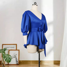 Load image into Gallery viewer, Women Blouses V Neck Short Lantern Sleeve with Sashes Peplum Ruffles Plus Size XXL Elegant Office Lady Work Shirt Female Blusas