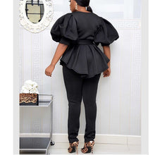 Load image into Gallery viewer, Women Blouses V Neck Short Lantern Sleeve with Sashes Peplum Ruffles Plus Size XXL Elegant Office Lady Work Shirt Female Blusas