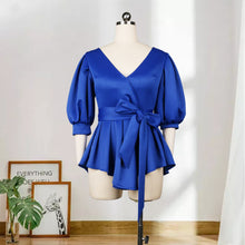 Load image into Gallery viewer, Women Blouses V Neck Short Lantern Sleeve with Sashes Peplum Ruffles Plus Size XXL Elegant Office Lady Work Shirt Female Blusas