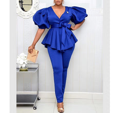 Load image into Gallery viewer, Women Blouses V Neck Short Lantern Sleeve with Sashes Peplum Ruffles Plus Size XXL Elegant Office Lady Work Shirt Female Blusas