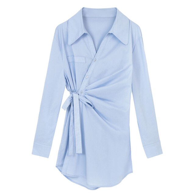 Women Blue Shirt Dress French Fashion Sexy V-Neck Dresses Folds Bottoming Long-Sleeve Autumn Temperament Dress Short Skirts