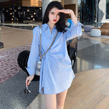 Load image into Gallery viewer, Women Blue Shirt Dress French Fashion Sexy V-Neck Dresses Folds Bottoming Long-Sleeve Autumn Temperament Dress Short Skirts