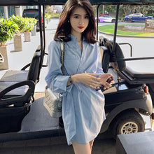 Load image into Gallery viewer, Women Blue Shirt Dress French Fashion Sexy V-Neck Dresses Folds Bottoming Long-Sleeve Autumn Temperament Dress Short Skirts