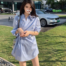 Load image into Gallery viewer, Women Blue Shirt Dress French Fashion Sexy V-Neck Dresses Folds Bottoming Long-Sleeve Autumn Temperament Dress Short Skirts