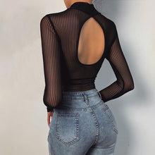 Load image into Gallery viewer, Women Bodysuit Backless Sexy See-through Mesh Stripes Slim Stand Collar Long Sleeves Jumpsuit Tops Fashion Bodysuit Clubwear