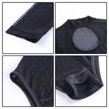 Load image into Gallery viewer, Women Bodysuit Backless Sexy See-through Mesh Stripes Slim Stand Collar Long Sleeves Jumpsuit Tops Fashion Bodysuit Clubwear