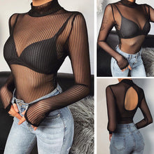 Load image into Gallery viewer, Women Bodysuit Backless Sexy See-through Mesh Stripes Slim Stand Collar Long Sleeves Jumpsuit Tops Fashion Bodysuit Clubwear