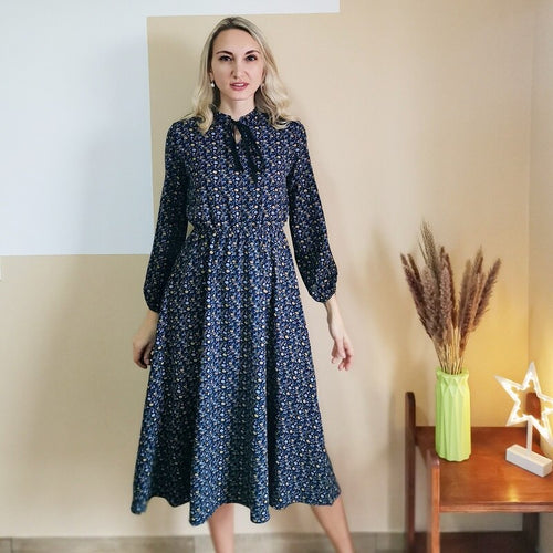 Women Bohemian Vintage Floral Print Dress Casual Long Sleeve Elastic Waist Midi Dress Spring Lace Up V Neck A-line Party Dresses