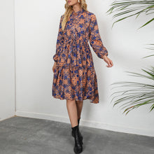 Load image into Gallery viewer, Women Boho Dresses Summer 2021 Sexy Mock Neck Tie Waist Print Beach Dress Long Sleeve A Line Midi Dress Sundress Robe Femme