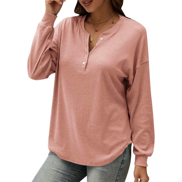 Women Brushed Long Sleeve T-Shirt Sexy V Neck  Button Down Oversize Sweatshirt Female Casual Loose Warm Tunic Tops Mujer