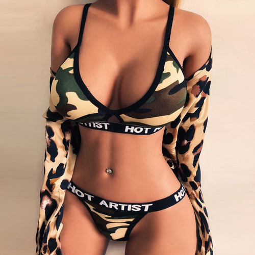 Women Camouflage Lingerie Set Exotic Underwear Leopard Letters Printed Bra Panties Sets Sexy Nightwear Lenceria Para Mujer