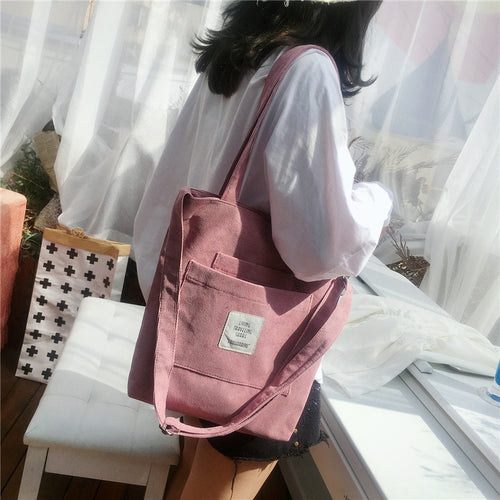 Women Canvas Shoulder Bag Ladies Casual Corduroy Tote Soft Crossbody Bags Books Bag Striped Cloth Female Handbag Shopping Bags