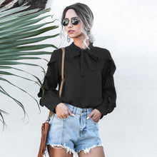 Load image into Gallery viewer, Women Casual Bow Stand Collar Ruffle Shirt Ladies Butterfly Long Sleeve Solid Tops 2020 New Fashion Spring Autumn Office Blouses
