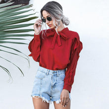 Load image into Gallery viewer, Women Casual Bow Stand Collar Ruffle Shirt Ladies Butterfly Long Sleeve Solid Tops 2020 New Fashion Spring Autumn Office Blouses