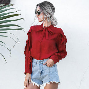 Women Casual Bow Stand Collar Ruffle Shirt Ladies Butterfly Long Sleeve Solid Tops 2020 New Fashion Spring Autumn Office Blouses