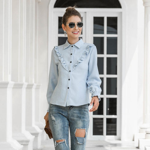 Women Casual Corduroy Ruffle Shirts Office Ladies Turn Down Collar Long Sleeve Blouses 2021 Autumn Winter New Elegant Solid Tops