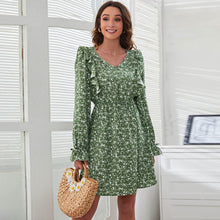 Load image into Gallery viewer, Women Casual Floral Print Ruffles V Neck Dress Spring New Full Sleeve A Line Ladies Pullover Vintage High Waist Female Vestidos