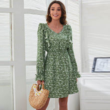 Load image into Gallery viewer, Women Casual Floral Print Ruffles V Neck Dress Spring New Full Sleeve A Line Ladies Pullover Vintage High Waist Female Vestidos