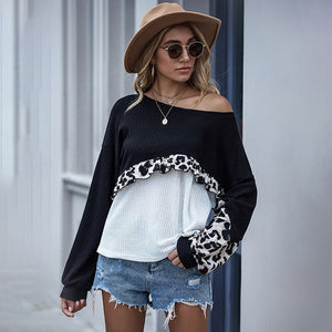 Women Casual Leopard Patchwork Sweater Pullover O-Neck Bat Long Sleeves Female Autumn Winter Fashion Loose Streetwear Sweaters
