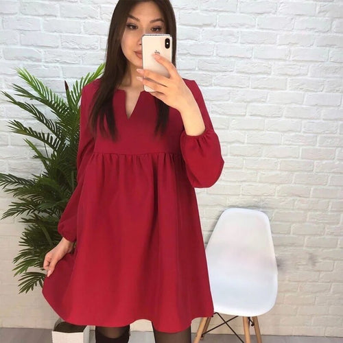 Women Casual Loose Mini Dresses V Neck Long Sleeve Solid Color Vintage Dresses 2021 Spring  Summer New Fashion Office Lady Dress