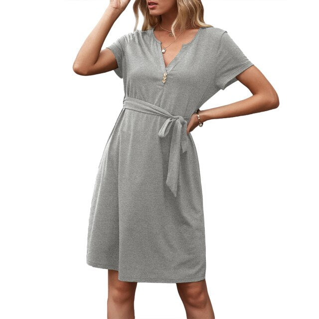 Women Casual Loose Solid T Shirt Dress V Neck Mini Dress Belted High Waist  Basic Dresses Vestidos Female Robe Summer New Dress