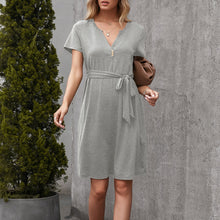 Load image into Gallery viewer, Women Casual Loose Solid T Shirt Dress V Neck Mini Dress Belted High Waist  Basic Dresses Vestidos Female Robe Summer New Dress