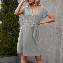 Load image into Gallery viewer, Women Casual Loose Solid T Shirt Dress V Neck Mini Dress Belted High Waist  Basic Dresses Vestidos Female Robe Summer New Dress