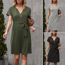 Load image into Gallery viewer, Women Casual Loose Solid T Shirt Dress V Neck Mini Dress Belted High Waist  Basic Dresses Vestidos Female Robe Summer New Dress