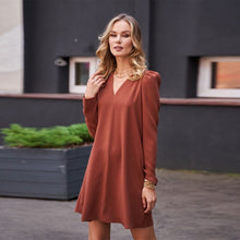 Load image into Gallery viewer, Women Casual Mini Dress Office Ladies Fashion V Neck Puff Sleeve Dresses 2020 Autumn Winter New Style Vintage Solid Color Dress
