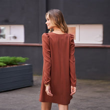 Load image into Gallery viewer, Women Casual Mini Dress Office Ladies Fashion V Neck Puff Sleeve Dresses 2020 Autumn Winter New Style Vintage Solid Color Dress