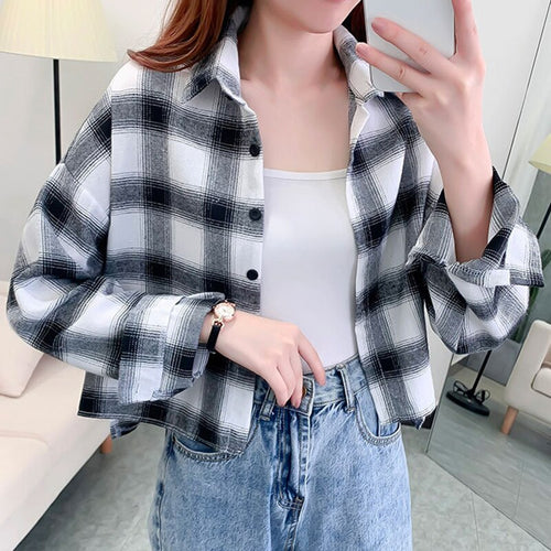 Women Casual Plaid Short Shirt Lady Spring Autumn Fashion Korean Harajuku Long Sleeves Turn-Down Collar Shirt Blouse Streetwear